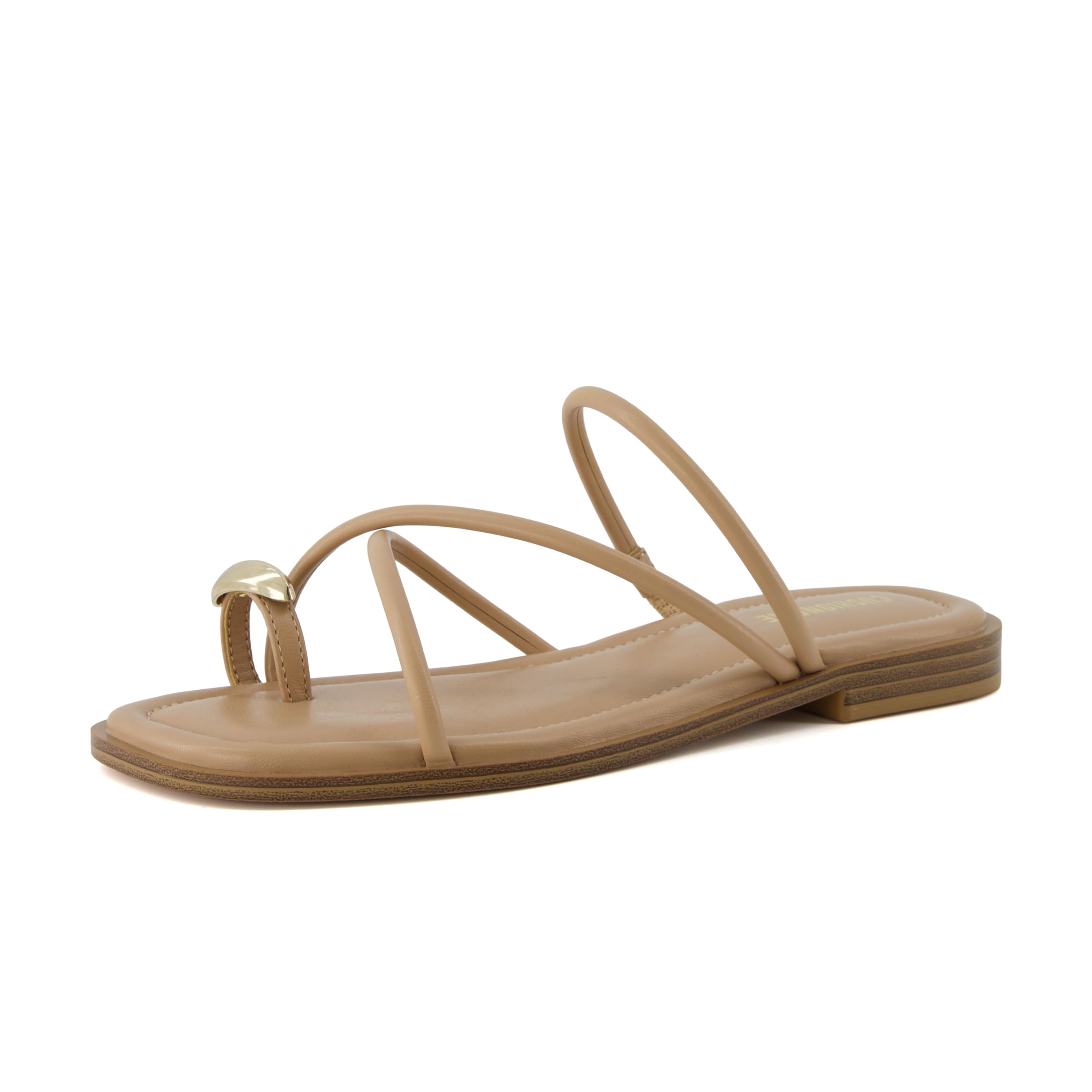 CUSHIONAIRE Venue Women’s Strappy Toe-Loop Slide Sandals with Gold-Tone Accent & Memory Foam Comfort