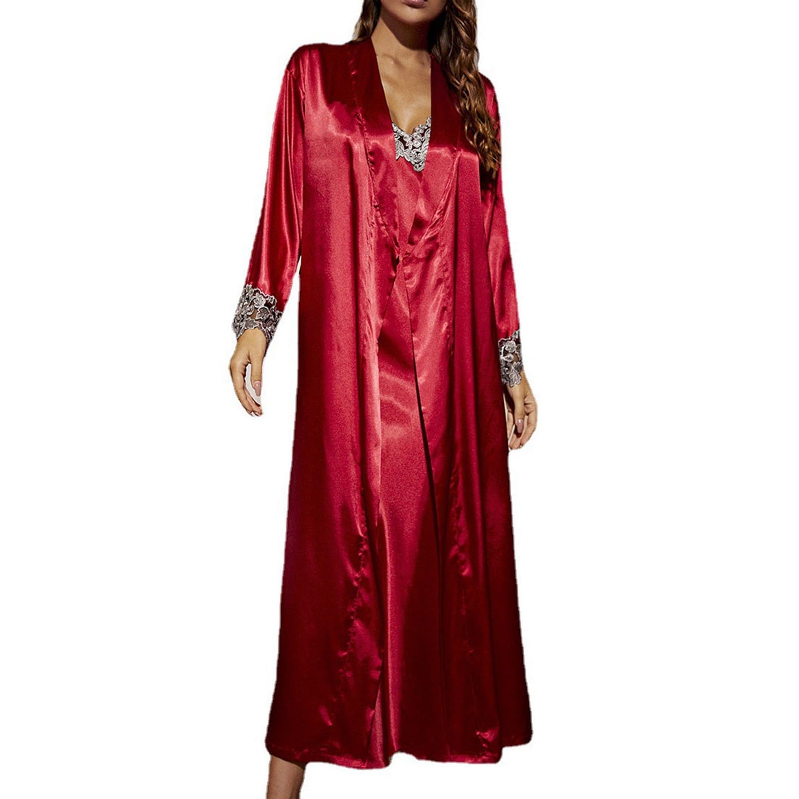 Generico Camicia da Notte Donna in Seta Lunga Senza Spalline Completo con Cintura E Giacchetto Sexy E Comodo Perfetta per Casa Nightgown Set Donna Elegante