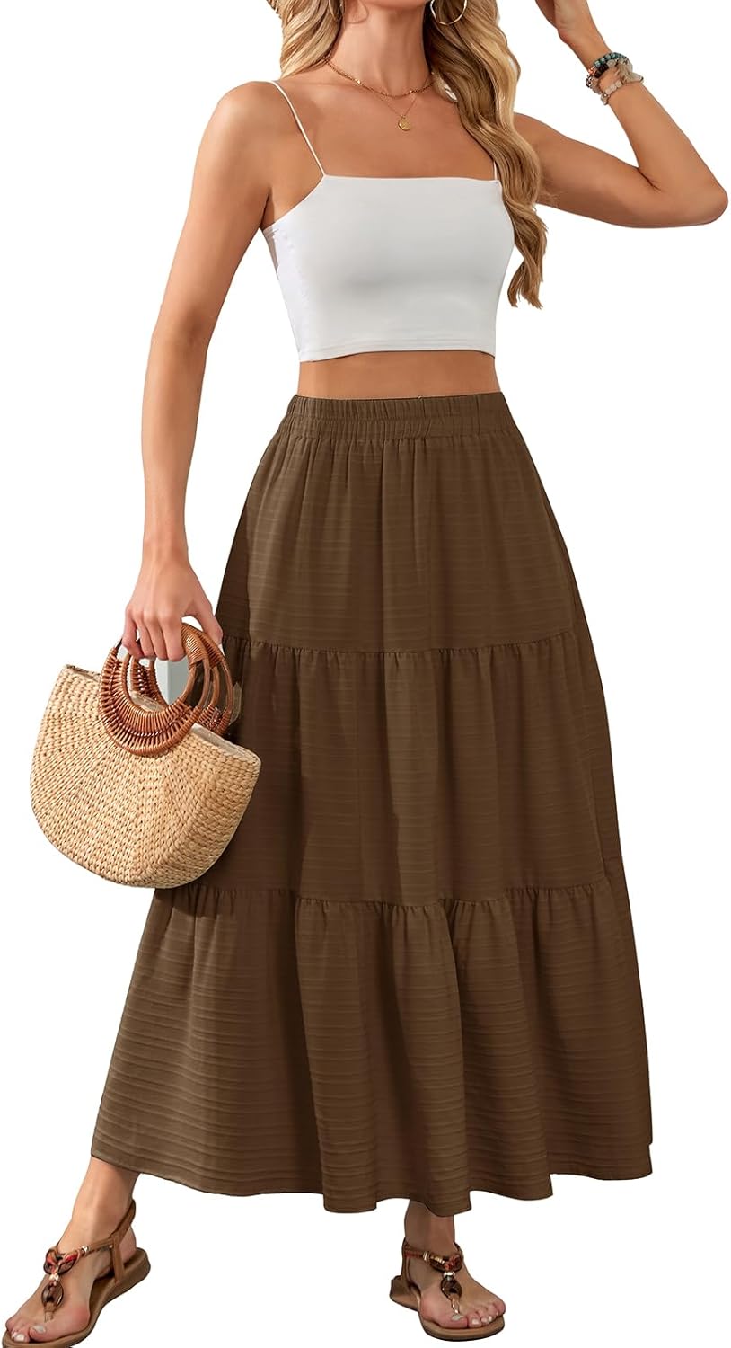 HUSKARY Women's Summer Casual Elegant Smock Layered Tiered Maxi Skirt High Waisted A Line Flowy Long Skirts with Pockets