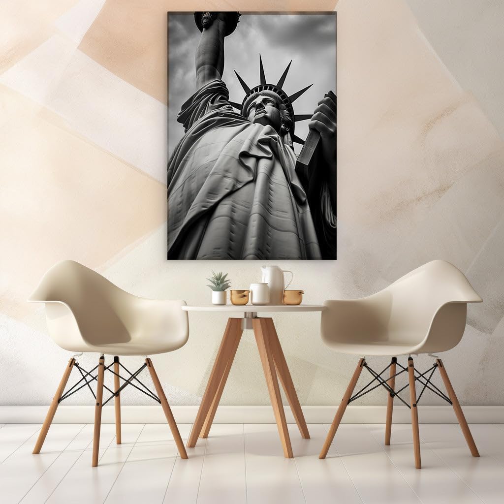 Canvas for Living room. Embracing Freedom's Gaze - The Majestic Statue of Liberty Up Close, 27 x 18 inch Canvas Wall Art - Ready to Hang