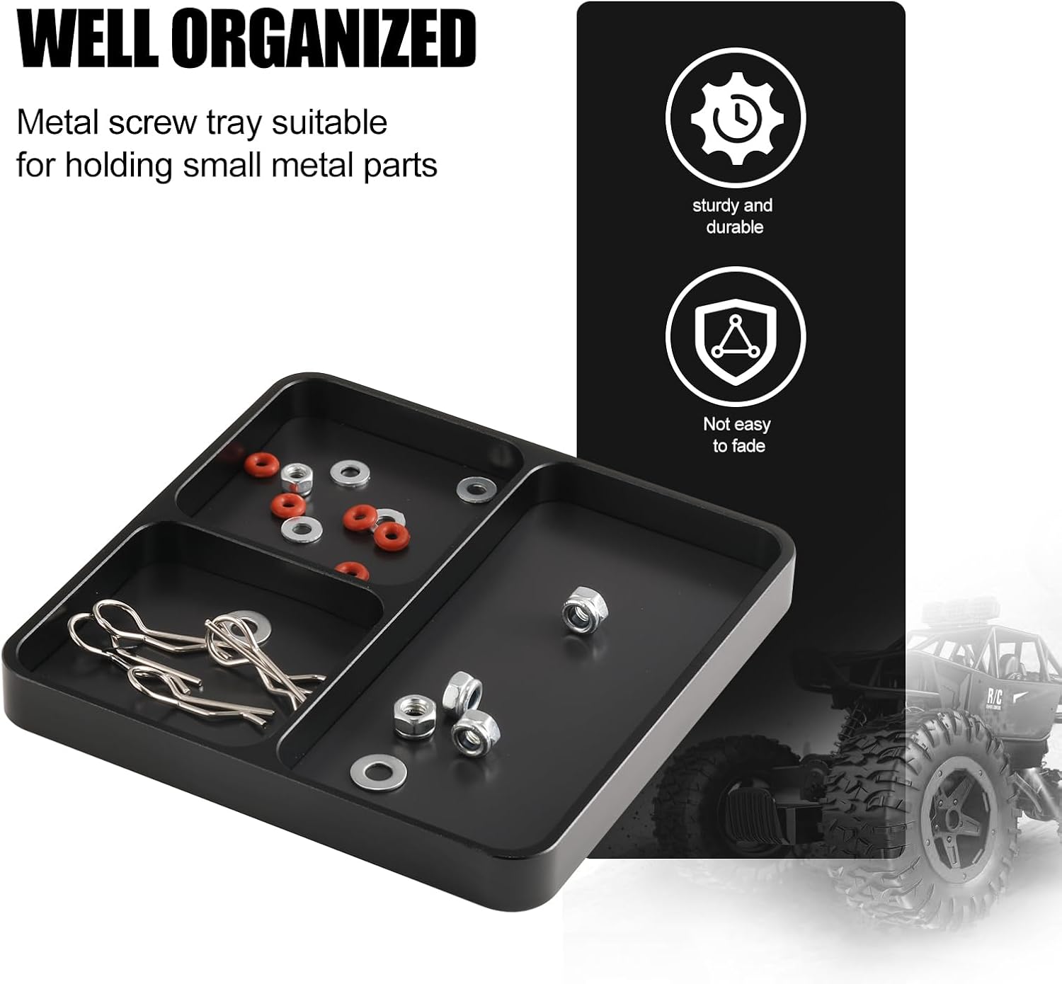 Metal RC Screws Tray with Magnetic Pad, Magnet Screws Holder Alloy Plate RC Fixing Tools Tray for RC Car Boat, Pins and Other Small Metal Parts (Black)