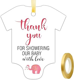 Thank You for Showering Our Baby with Love Tags, Pink Elephant Onesie Shaped, Baby Shower Favor Tags, 50 PCS