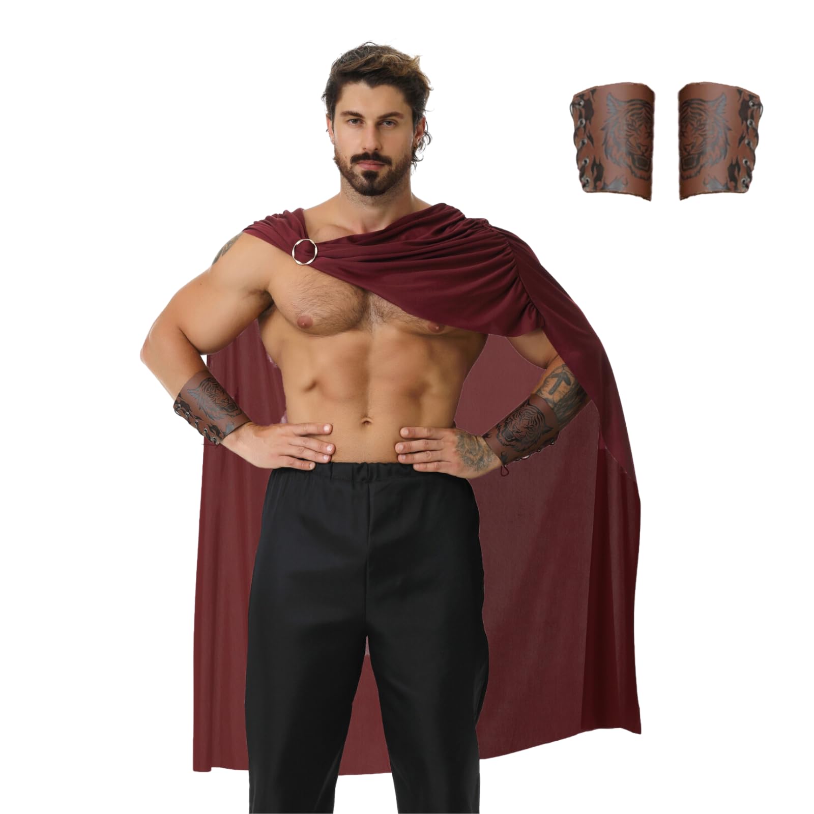 maxToonrain Men's Spartan Warrior Costume with 2 Pcs Wristbands Greek Roman Gladiator Soldier Cloak Historic Fancy Dress for Halloween Christmas Larp World Book Day (Dark Red
