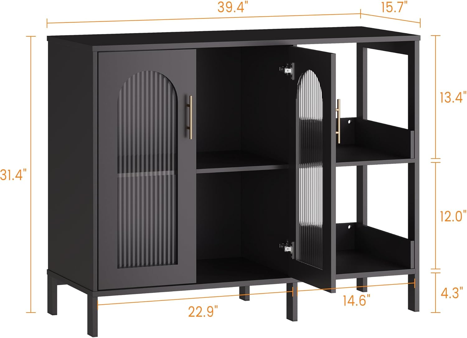 GAOMON Buffet Sideboard Cabinet, Wooden Storage with Glass Doors, Two Metal Handle, Storage Cabinet with Adjustable Shelves, Modern Sideboard for Living Rome, Kitchen, Dining Room, Black