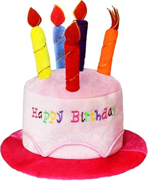 Novelty Place Pink Plush Happy Birthday Cake Hat - Unisex Adult Size Fancy Dress Party Hats - Perfect as Party Favors, Costume Accessories - Cake & 5 Multicolor Candles