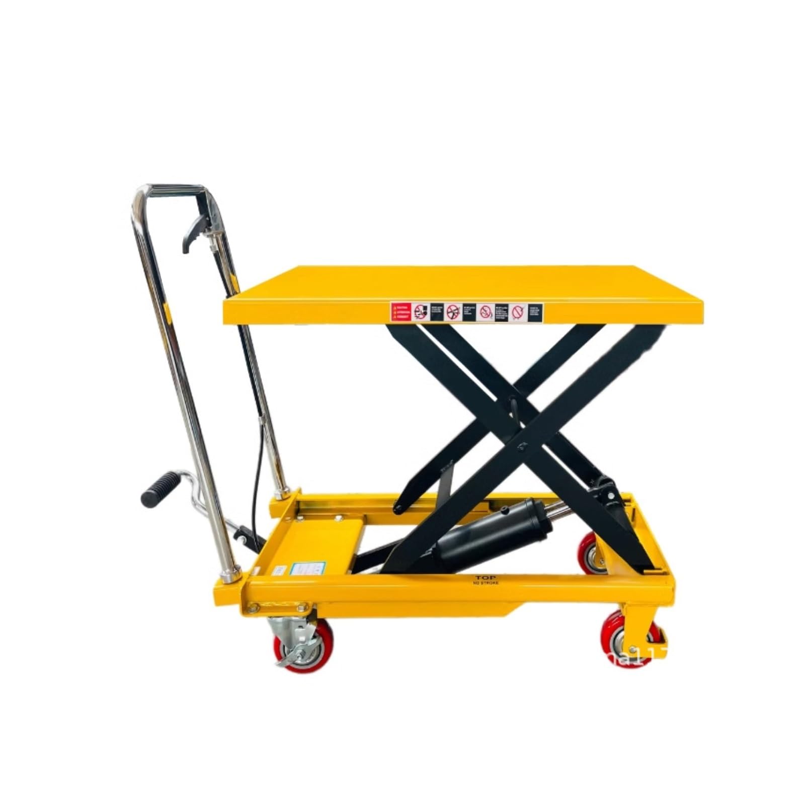 Hydrauliczny wózek widłowy z 4 kółkami i antypoślizgową podkładką do transportu materiałów żółtych (150 kg)