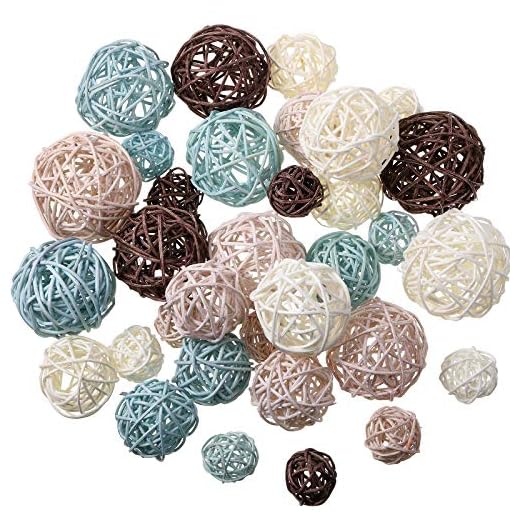 36 Pcs Wicker Rattan Balls Decorative Balls for Centerpiece Bowls Orbs Vase Fillers for Spring Summer Craft, Wedding Party, Potpourri Decoration, 4 Sizes (Light Blue, Light Brown, Dark Brown, White)