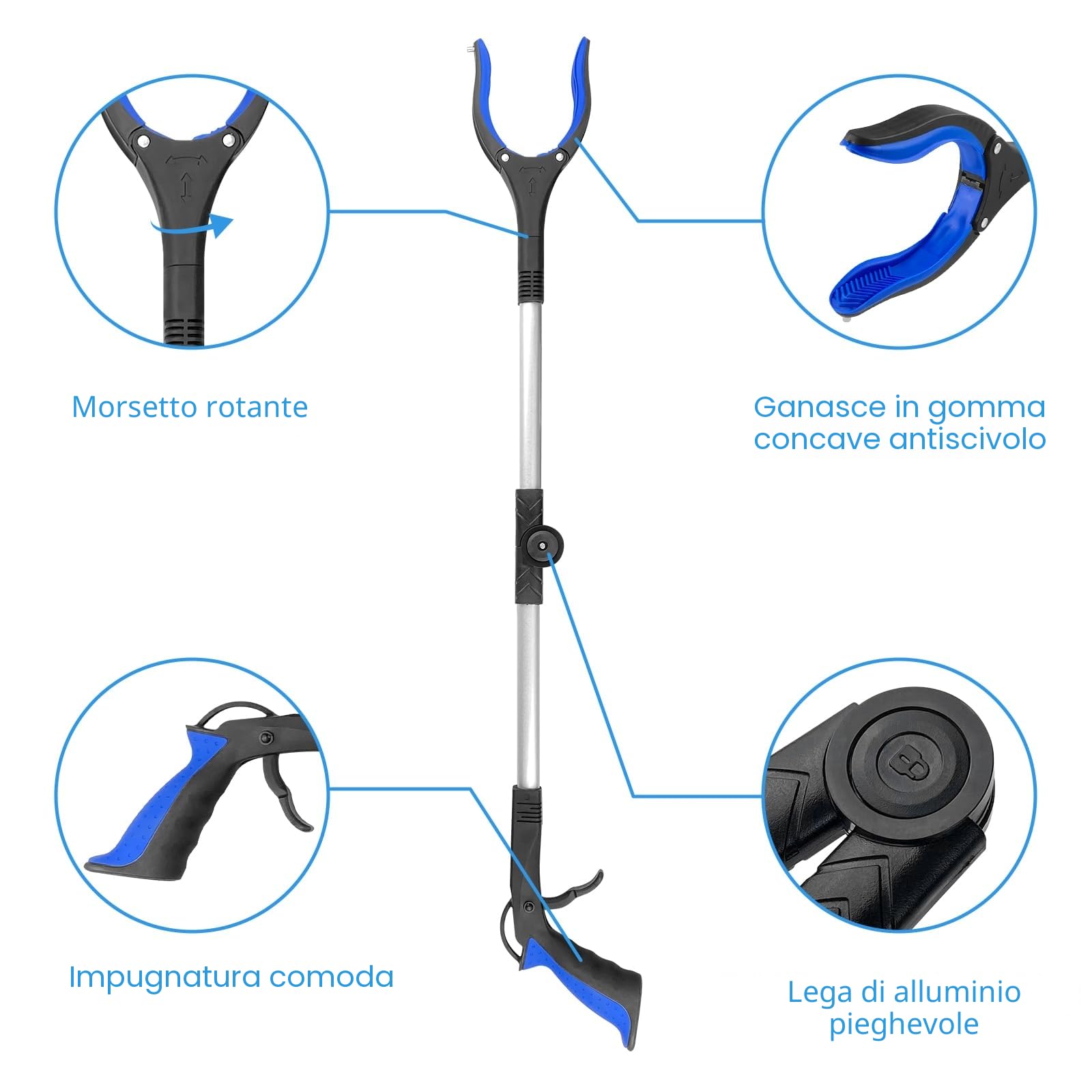 Relota 1 Pezzi Pinza Telescopica Pieghevole 80cm, Testa Rotante 360° Pinza Prensile in Alluminio, Raccoglitore di Immondizia con Punte Magnetiche, Pinza Morsetto in Gomma, Bastone Raccogli Rifiuti