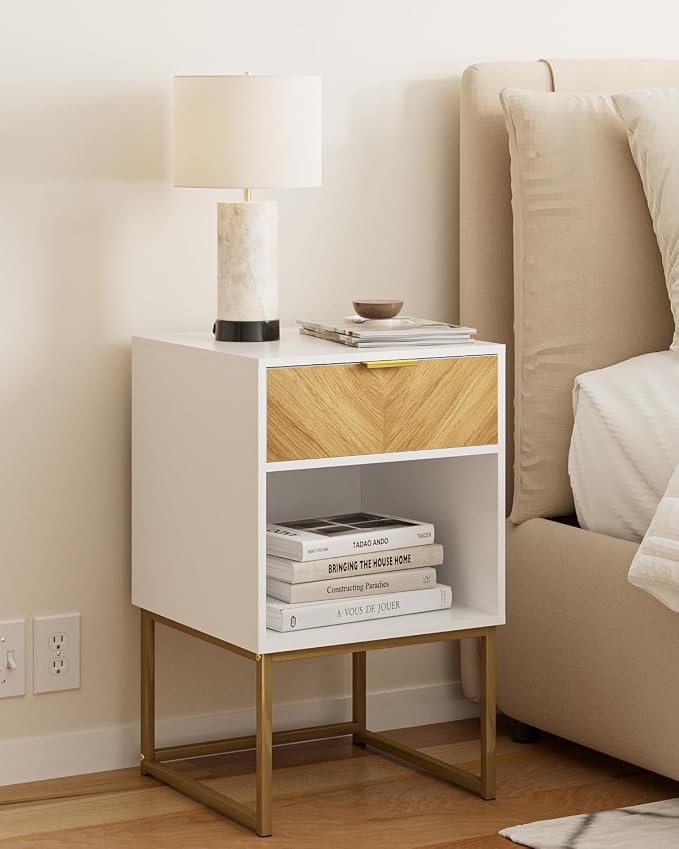Masupu Night Stand,Boho Nightstand Minimalistic Nightstands Modern Wood Bedside Table with Storage Drawer and Open Shelf,Side End Table for Bedroom,Living Room,Office White