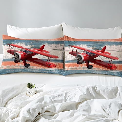 Miniatura 7 de Feelyou Juego de ropa de cama con estampado de aviones para niños, edredón de grano de madera vinatge para mujeres, hombres y adolescentes,