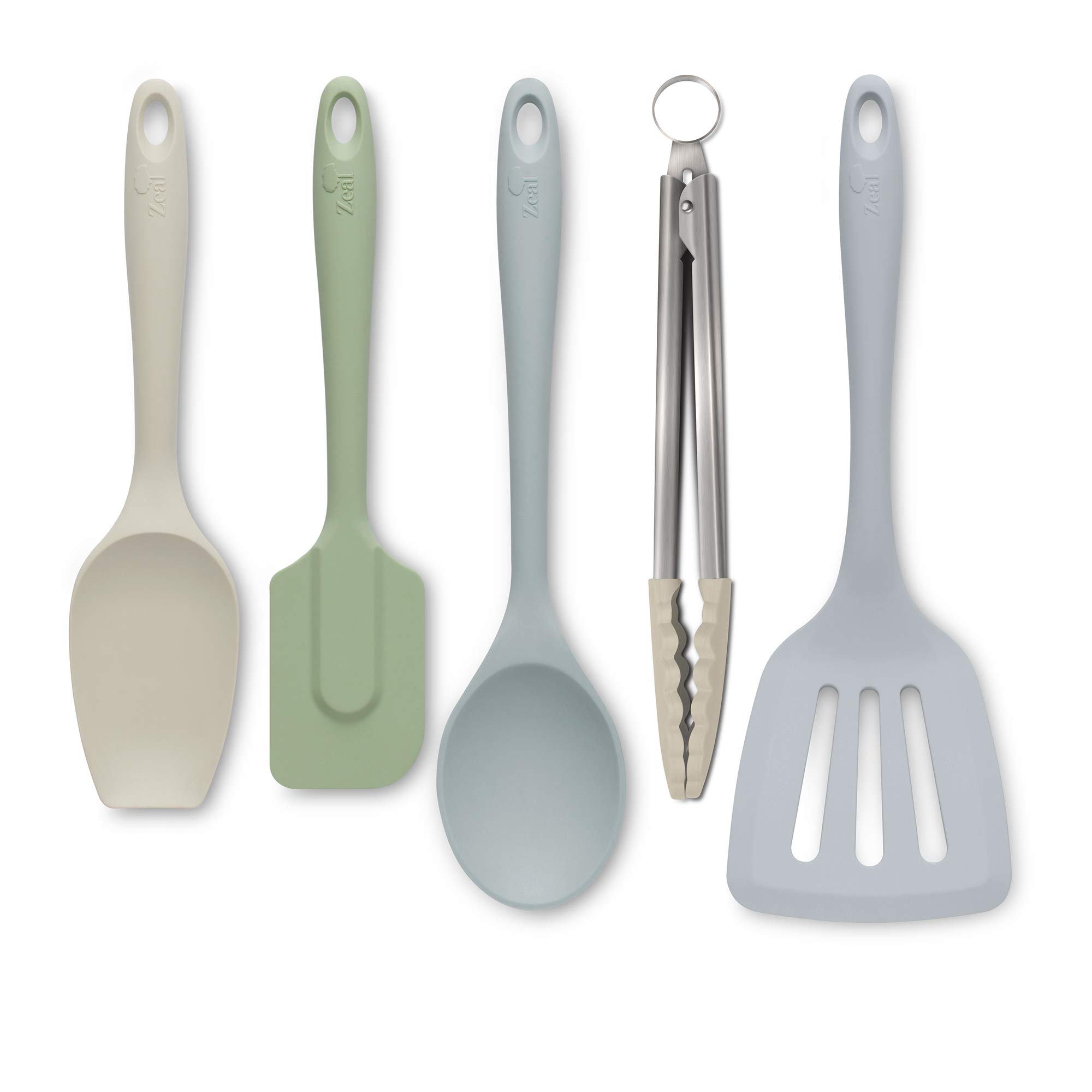 Zeal JSET45QN Non-Stick Silicone Cooking Tongs, Turner, Spatula Spoon & Cook Spoon 5-Piece Set-Neutral Mix