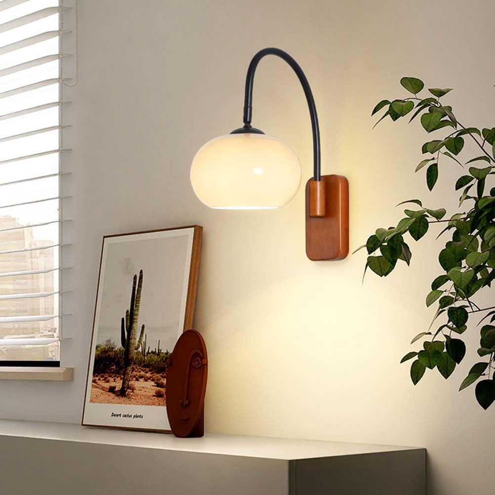 Drewniana lampa ścienna, regulowana, wewnętrzna, retro, ścienna lampa E27, obrotowa, vintage, industrialna lampka nocna z okrągłym szklanym kloszem, lampa ścienna do czytania, do sypialni, salonu, ho