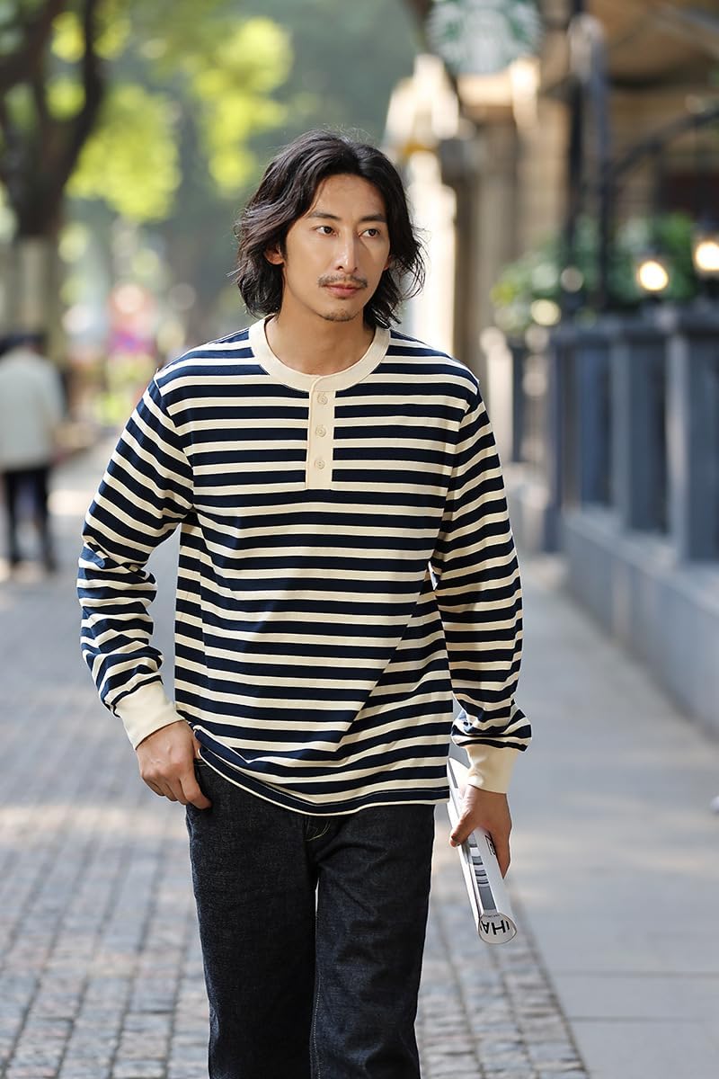 [Caividom] 厚手ロンT メンズ ストライプ 長袖Tシャツ ヘンリーネック コットン ソフト 通気構造 ロング丈 オフィス