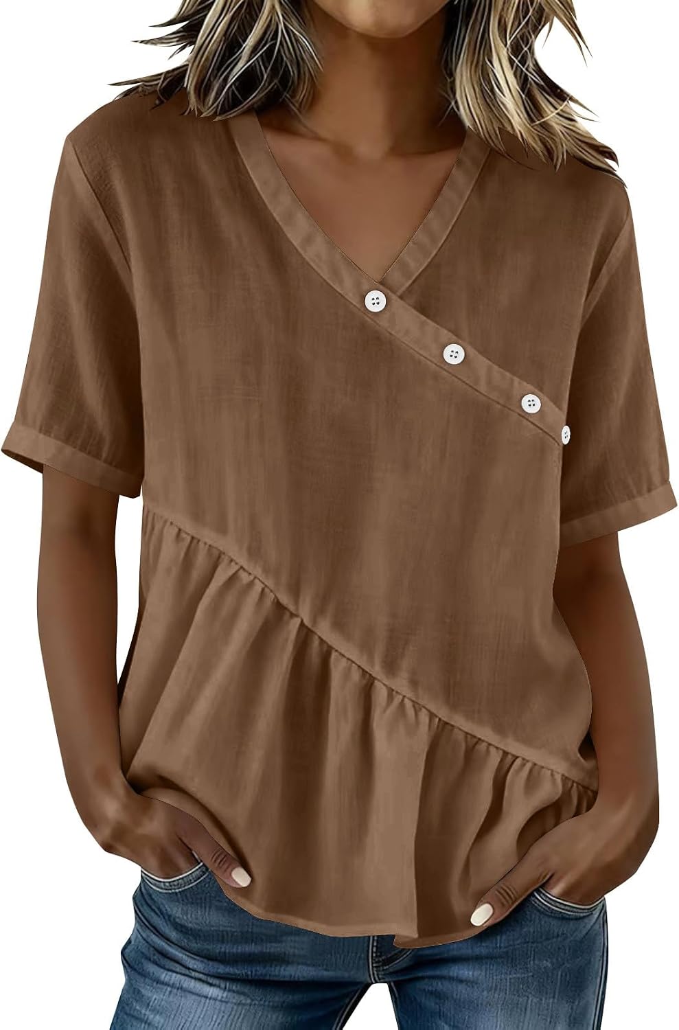 Linen Shirt for Women Summer Button Down Short Sleeve V Neck Tops Solid Color Comfy Blouses Casual Dressy Tunic Tees