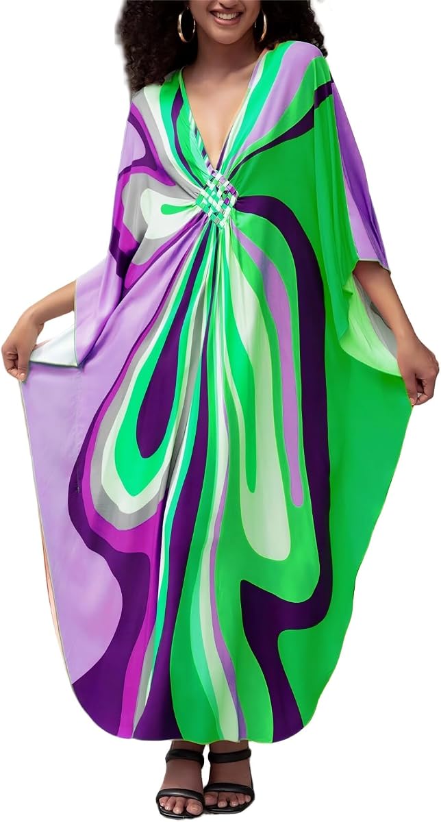 IMAGEKOPE Kaftan Dresses for Women Plus Size V-Neck Moo Moos Batwing Kaftan Beach Dress Bathing Suit Cover-Up Loungewear
