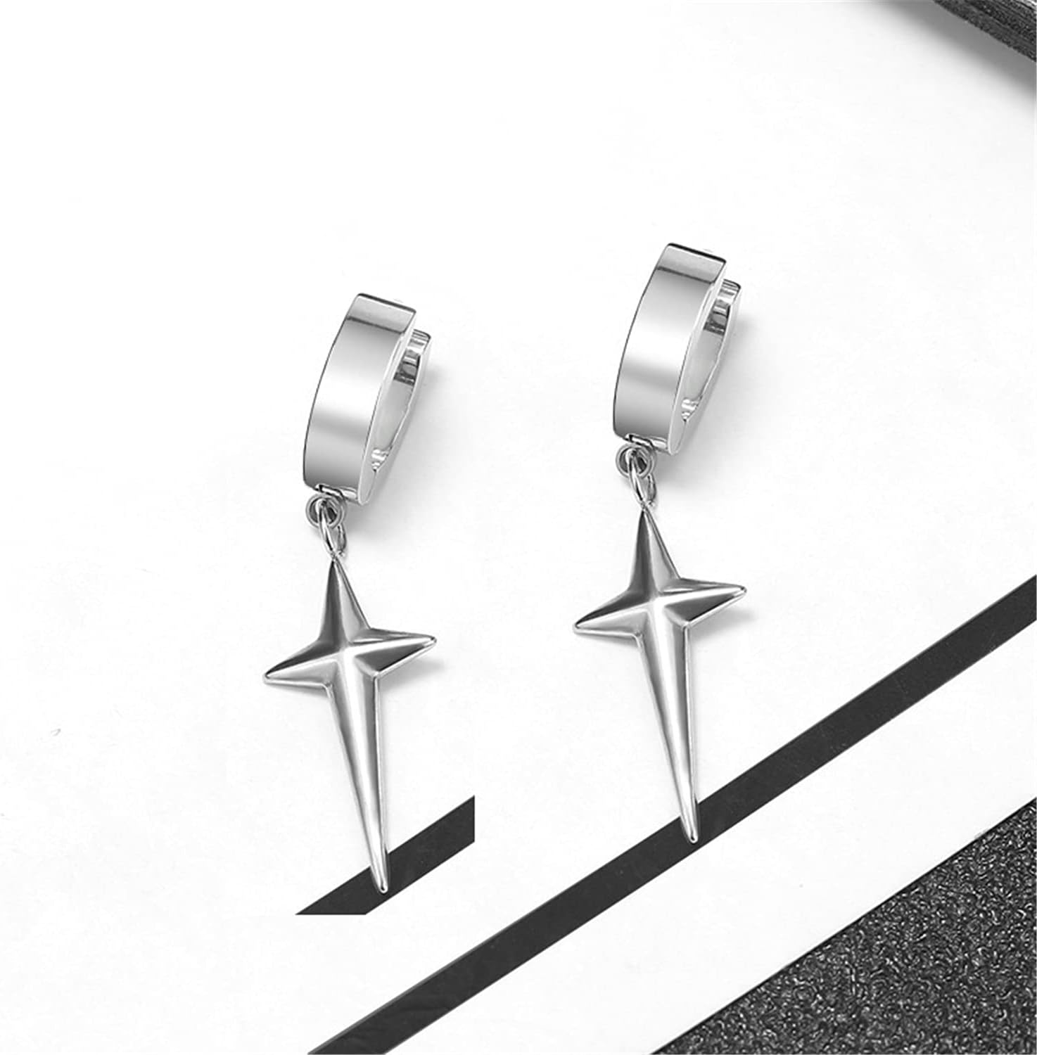 Personalized Punk 316L Stainless Steel Cross Star Hoop Dangle Drop Earrings Small Black Kpop Stainless Steel Geometry Huggie Hoop Earrings for Men Women Statement Jewelry Gifts