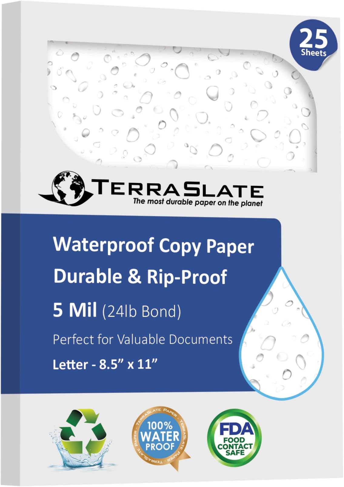 TerraSlate Premium Waterproof Paper, 5 MIL 8.5” x 11”, Laser Printer & Copy Machine Compatible, Durable & Rain/Weather-Proof Copy Paper, White Paper (25 Sheets)