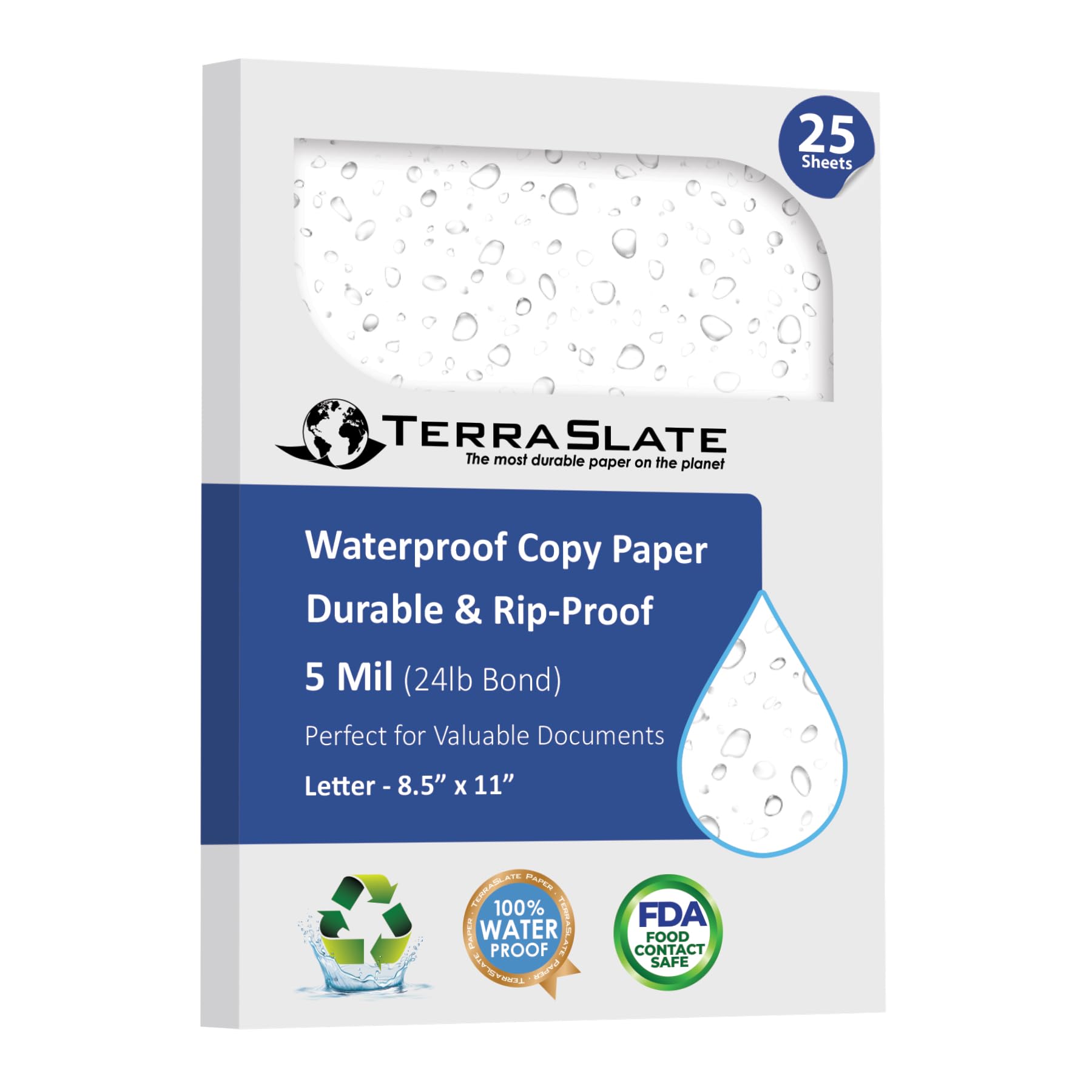 TerraSlate Copy Paper Waterproof Laser Printer, Rain Weatherproof, 5 Mil, 8.5x11-inch, 25 Sheets