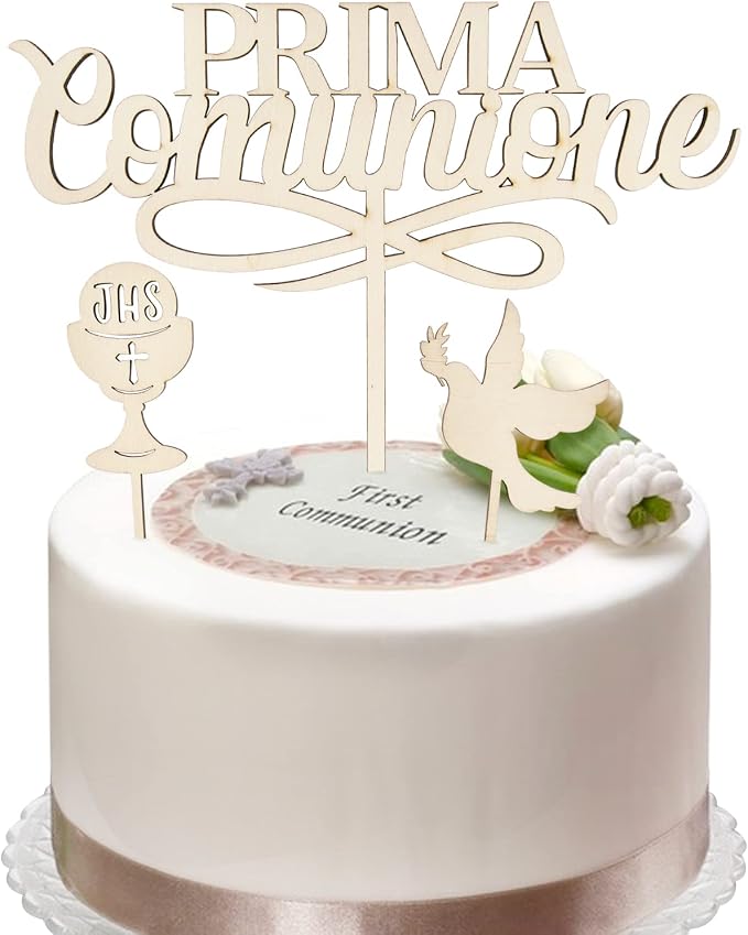 Topper Per Torta Prima Comunione In Legno - Set 3 Pezzi Con Calice E Colomba - Decorazione Festa Bambini - Foto 7