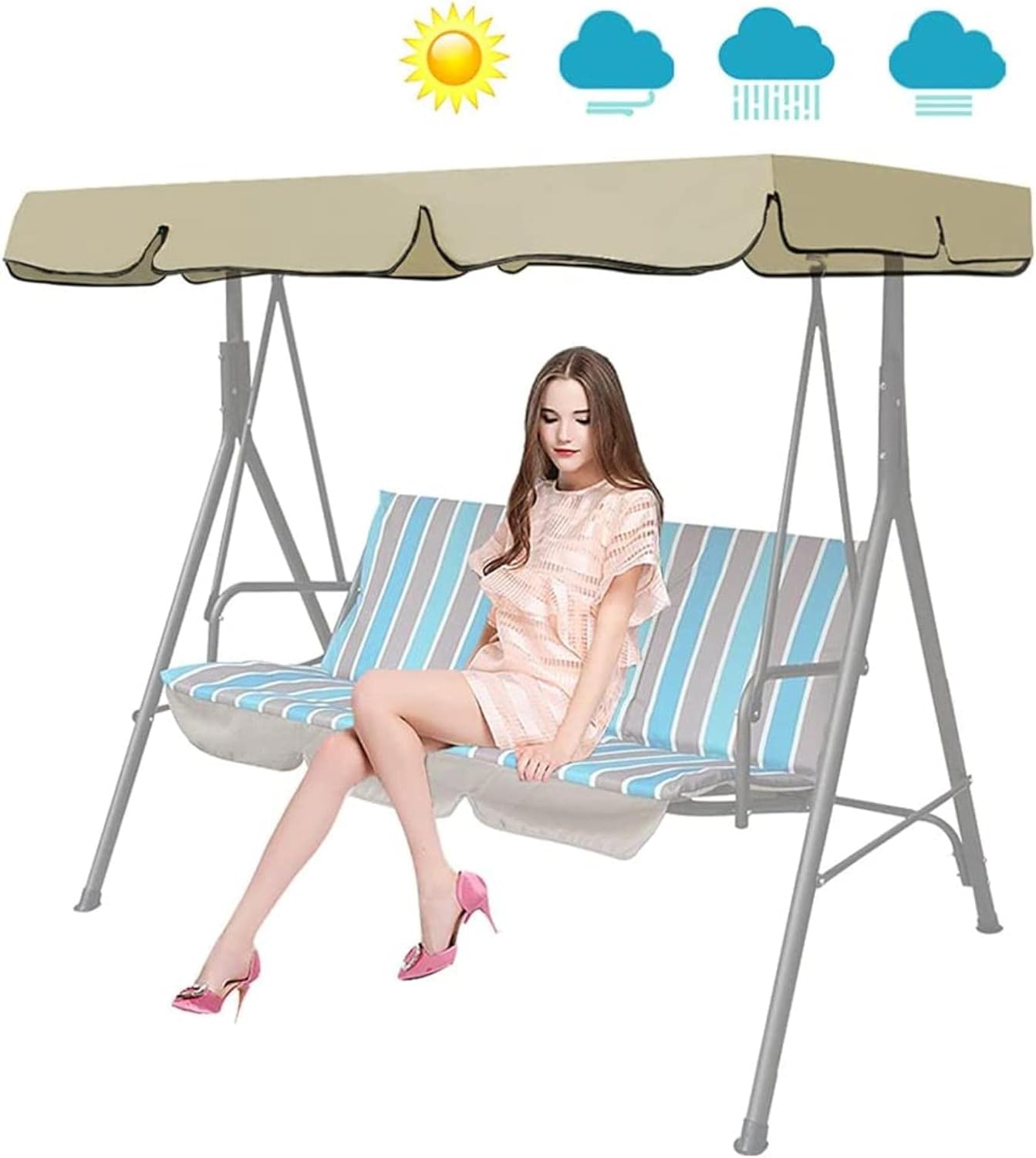 2 3 Seater Swing Canopy Replacement Cover Waterproof Anti-UV Swing Canopy Top Cover Replacement for Outdoor Porch Patio Yard Garden Hammock-(top Cover only)