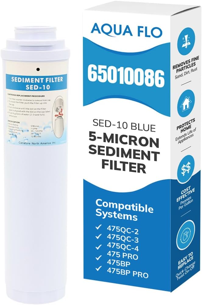 Aqua Flo SED-10 Blue Sediment Filter Cartridge, 5 Micron, Quick-Change Twist-Lock, 1 gpm Flow, 900 Gallon Capacity, Stage 1 for 475 Q-Series and 475 BP Systems, 65010086