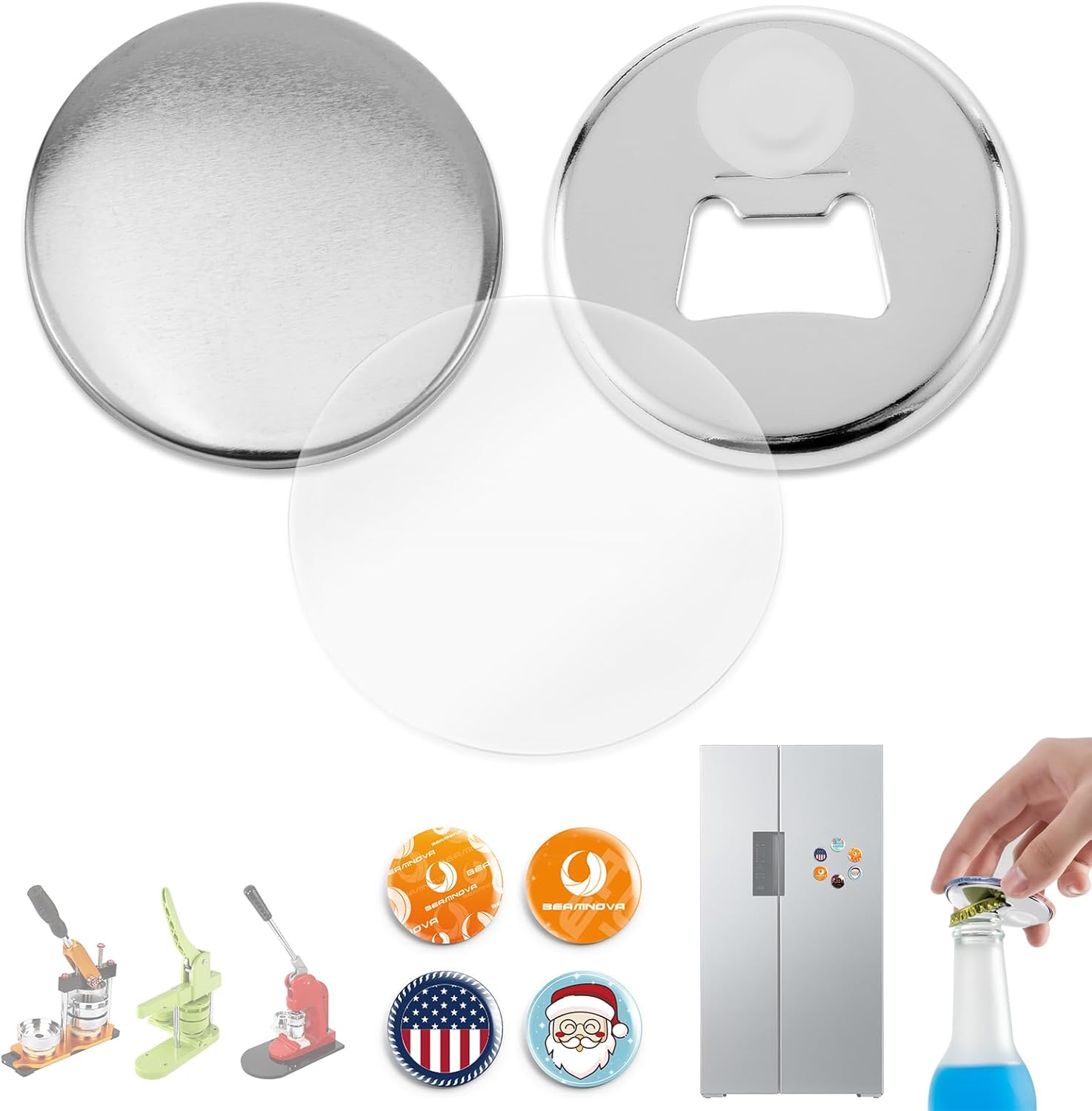 BEAMNOVA 50 Sets of 58mm / 2.28 in (approx. 2-1/4 inch) Metal Button Parts Supplies Fridge Magnet Bottle-Opener for Button Maker Machine Round Pin Maker, Supplies Only, Machine NOT INCLUDED