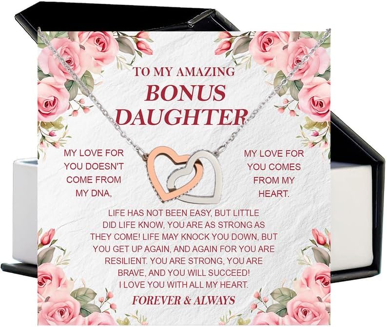Bonus Daughter Necklace Birthday Graduation Christmas Gift Pendant for Step Daughter Goddaughter with Message Card and Jewelry Gift Box