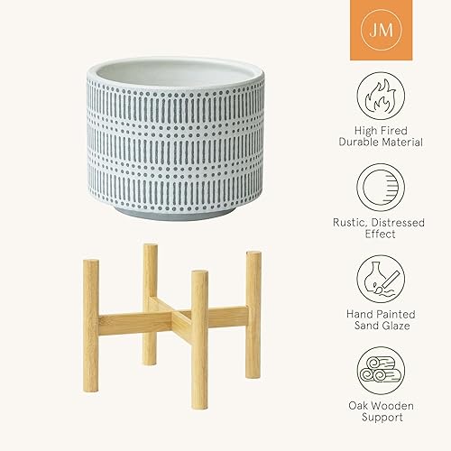 Miniatura 5 de LA JOLIE MUSE Maceta de cerámica con soporte de madera, maceta decorativa redonda moderna de 7.3 pulgadas para interiores con soporte para maceta de
