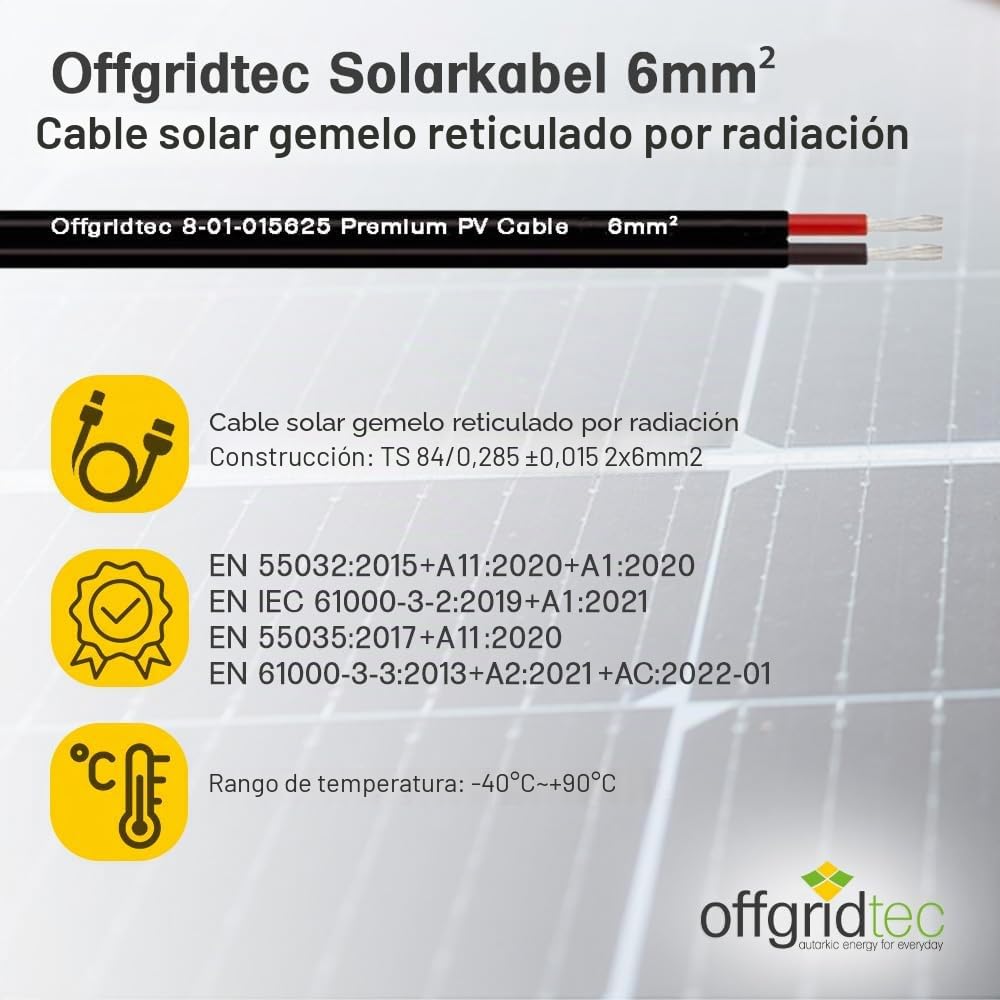 Offgridtec Cable solar de 2 x 6 mm², cable fotovoltaico de dos hilos para sistemas solares, diseño flexible y separable, conductor de cobre estañado con aislamiento XLPO, cable de alimentación CC
