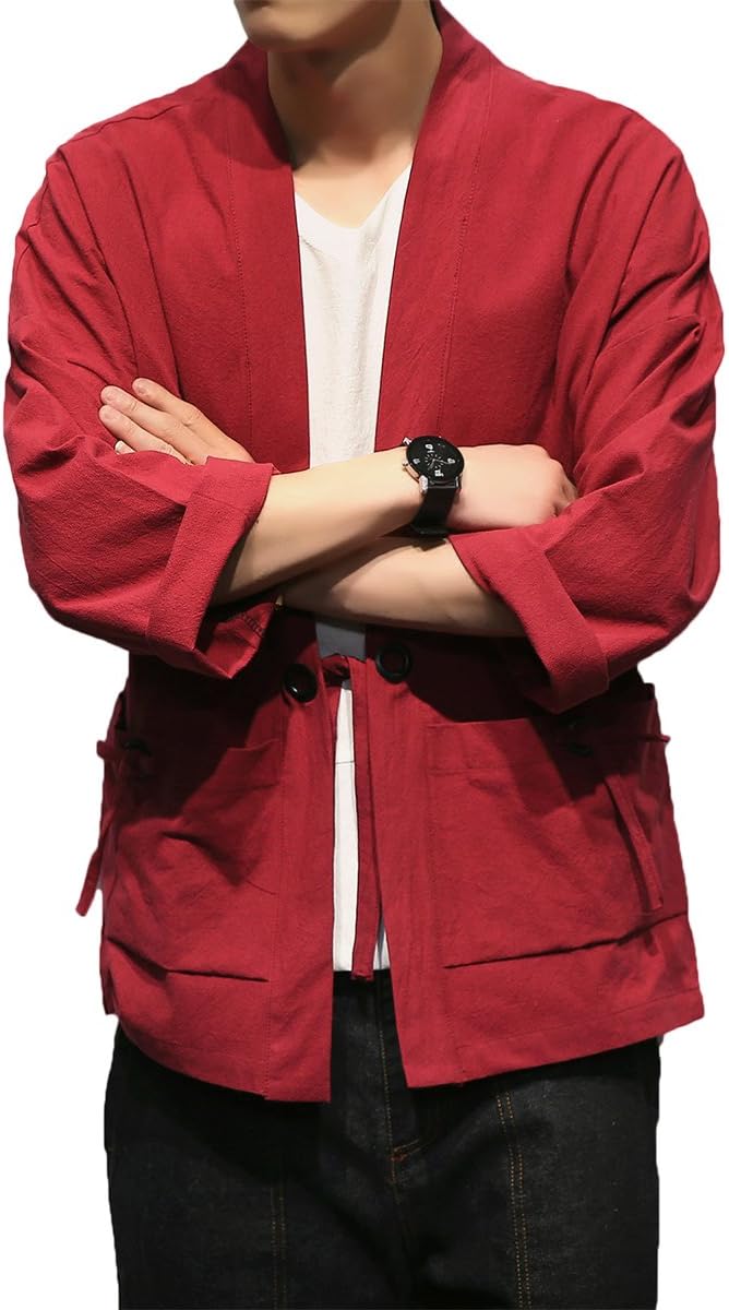 Men's Cotton Blends Linen Open Front Cardigan Embroidery Kimono Jackets