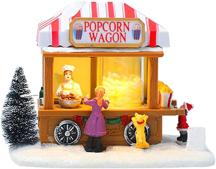 Christmas LED Lighted House Resin Popcorn Wagon Musical Animated Village Decor