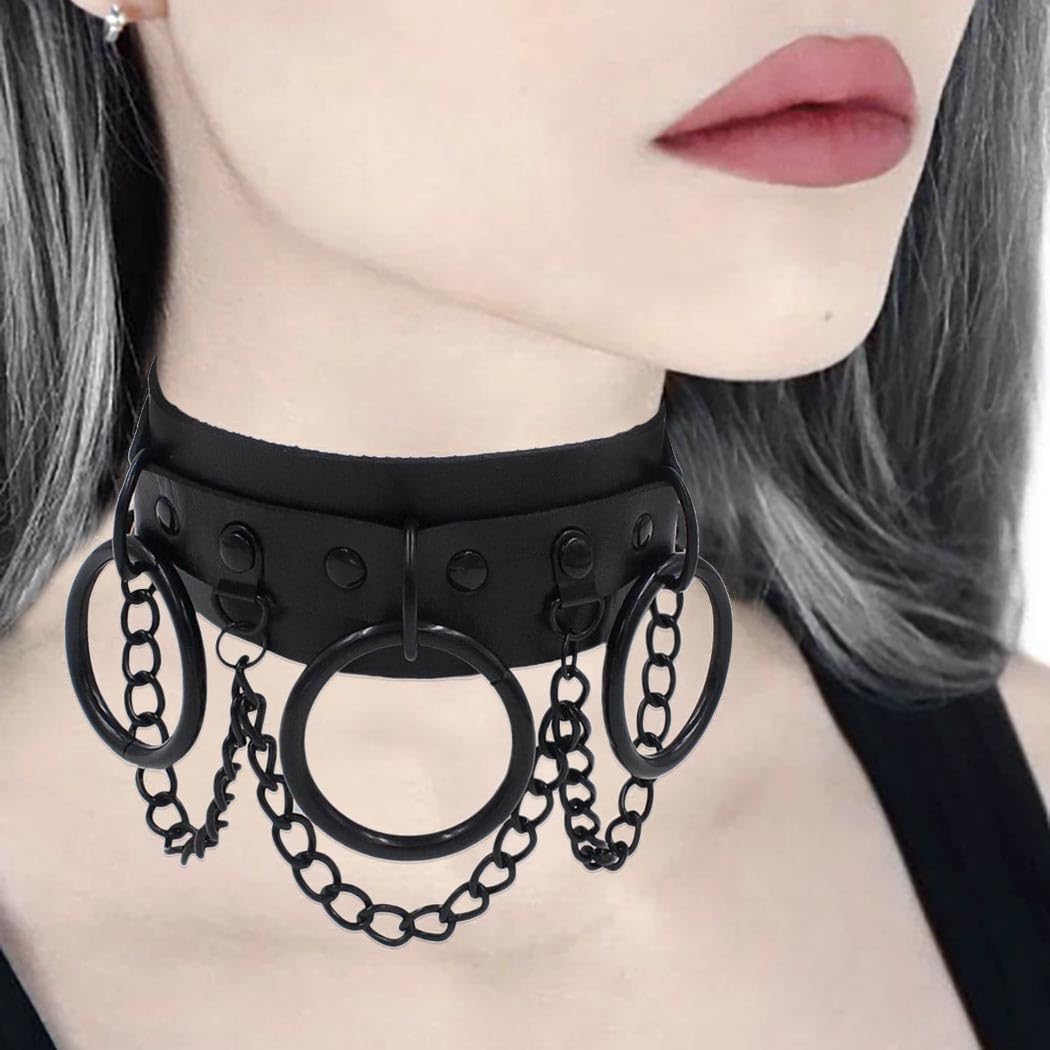 Gothic Leather Choker Punk Choker Collar Harness Necklace Big Rings Chain Chokers Rock Nightclub Rave Party Necklace for Women - Image 2