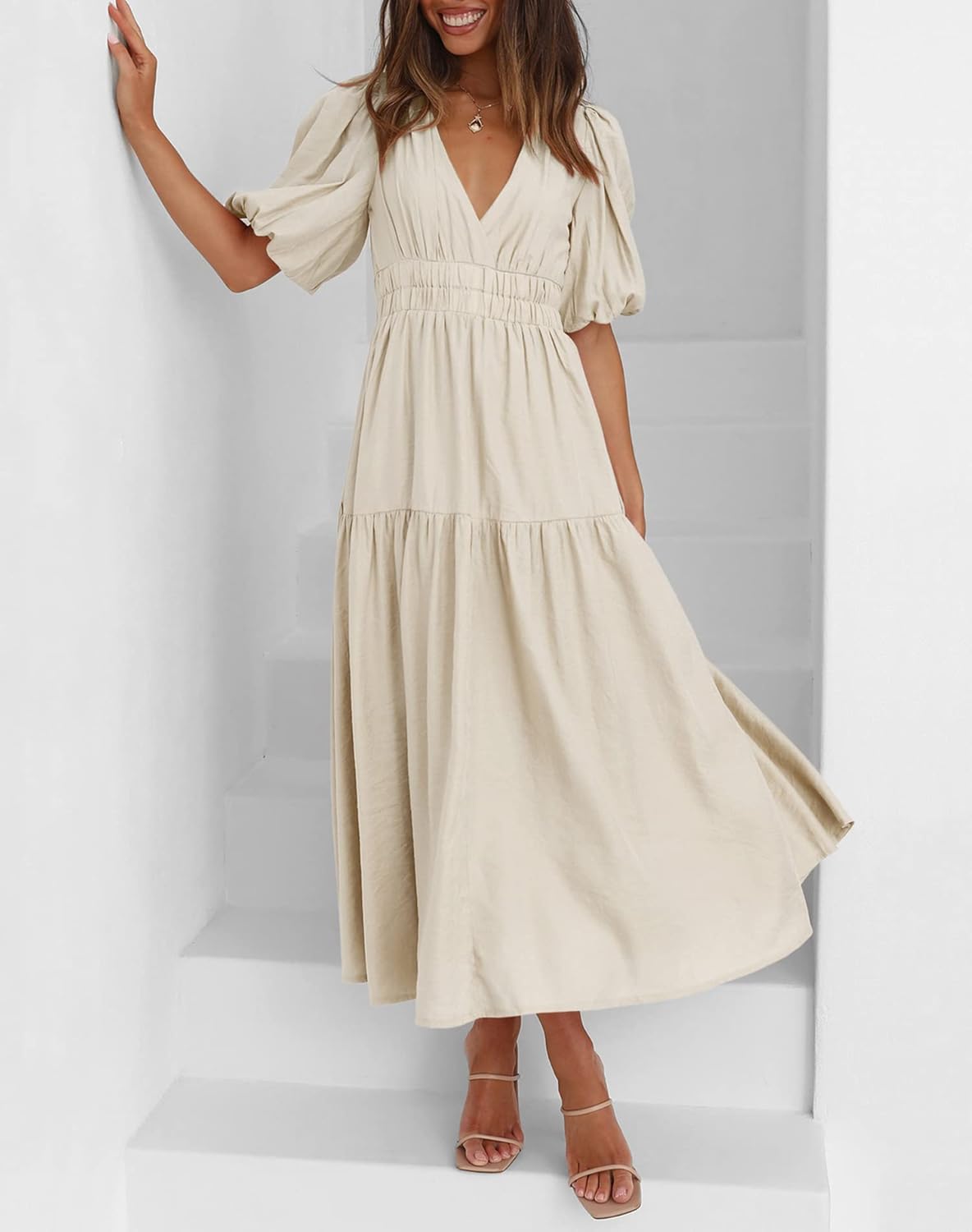 Lucrosun Women's Summer V Neck Short Puff Sleeve A Line Tiered Midi Dress - Image 4