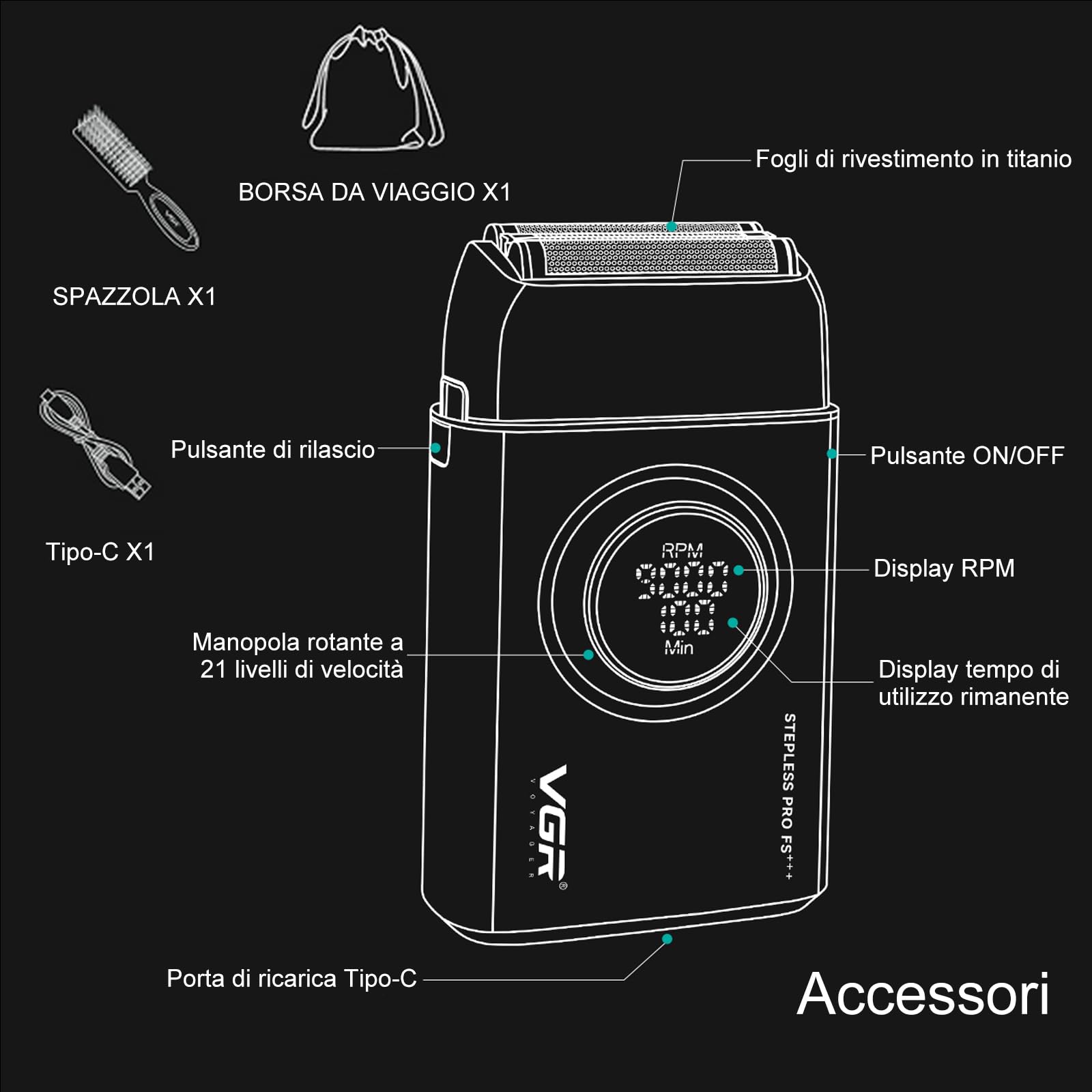 VGR 378 Rasoio Elettrico per Uomo, Rasoi a Lamina Tripla, Rasoi Macchinetta a Pelle Uomo, Portatile Shaver Capelli, 9000 RPM, Display LED, Wet & Dry per Barba (Nero)