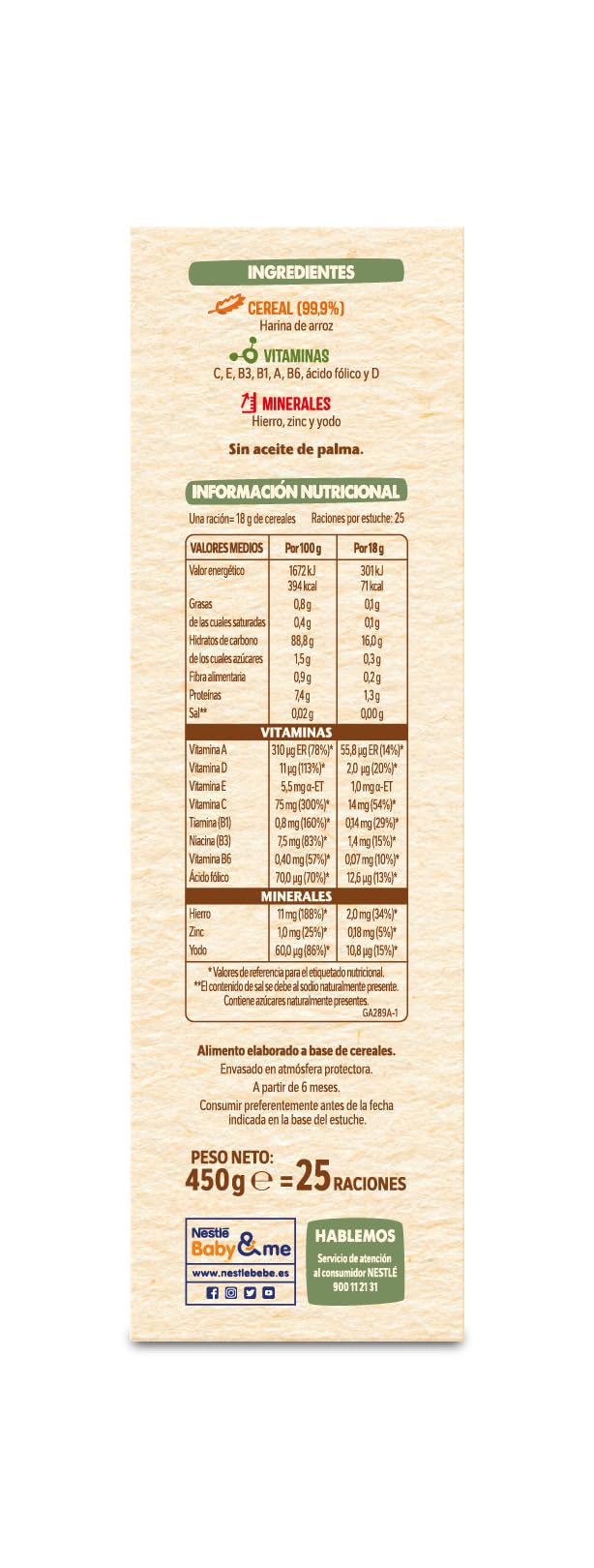 Nestlé 0% 0% Crema De Arroz Y Sin Gluten, A Partir De Los 6 Meses, 450 G