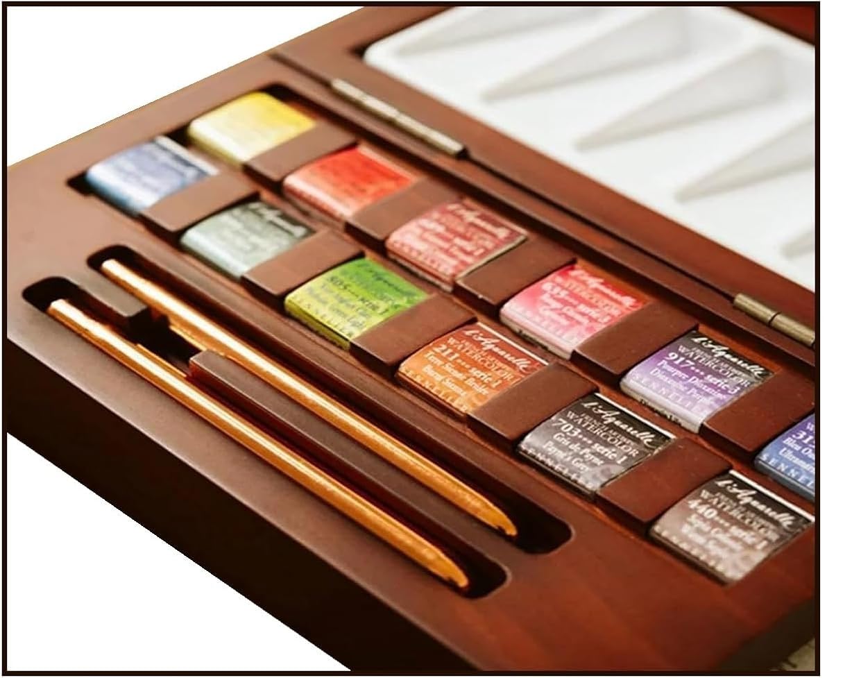 Sennelier Coffret 12 ½ godets Aquarelle extra-fine, en noyer + 2 pinceaux et 1 carte