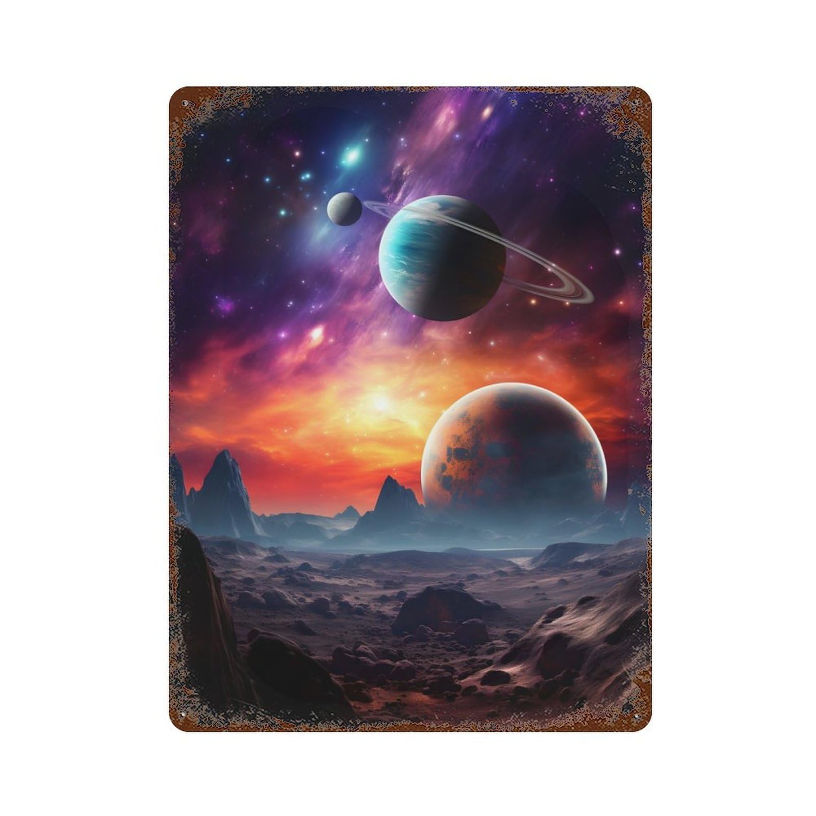 Space Landscape Planets Rust Effect Tin Sign 15.7"x11.8", Ideal for Farmhouse, Kitchen And Entryway Decor