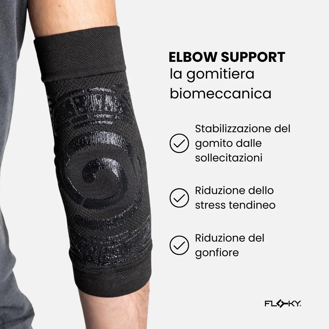 FLOKY Elbow Support gomitiera biomeccanica. Multisport. Stabilizza il gomito. Riduce le infiammazioni articolari ed il recupero. Protegge tendini e muscolatura. Design ergonomico. Nera. (L/XL)