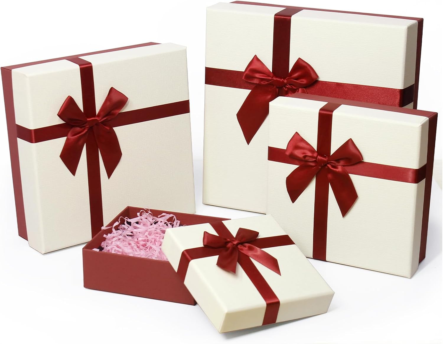 Giftilious Gift Box for Presents – A Set of 4 Elegant Gift Boxes with Lids, Luxury Textured Finish & Satin Ribbon, Ideal Gift Box for Mother's Day, Ready to Gift – No Assembly Required