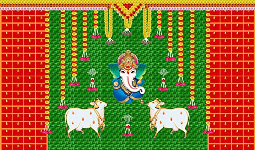 Image of Marigold Flower with Cows and Ganesh ji Design Backdrop Cloth for Pooja Decoration Traditional Background Curtain Cloth for Festival Size 5 Feet Height and 8 Feet Width(5 * 8)