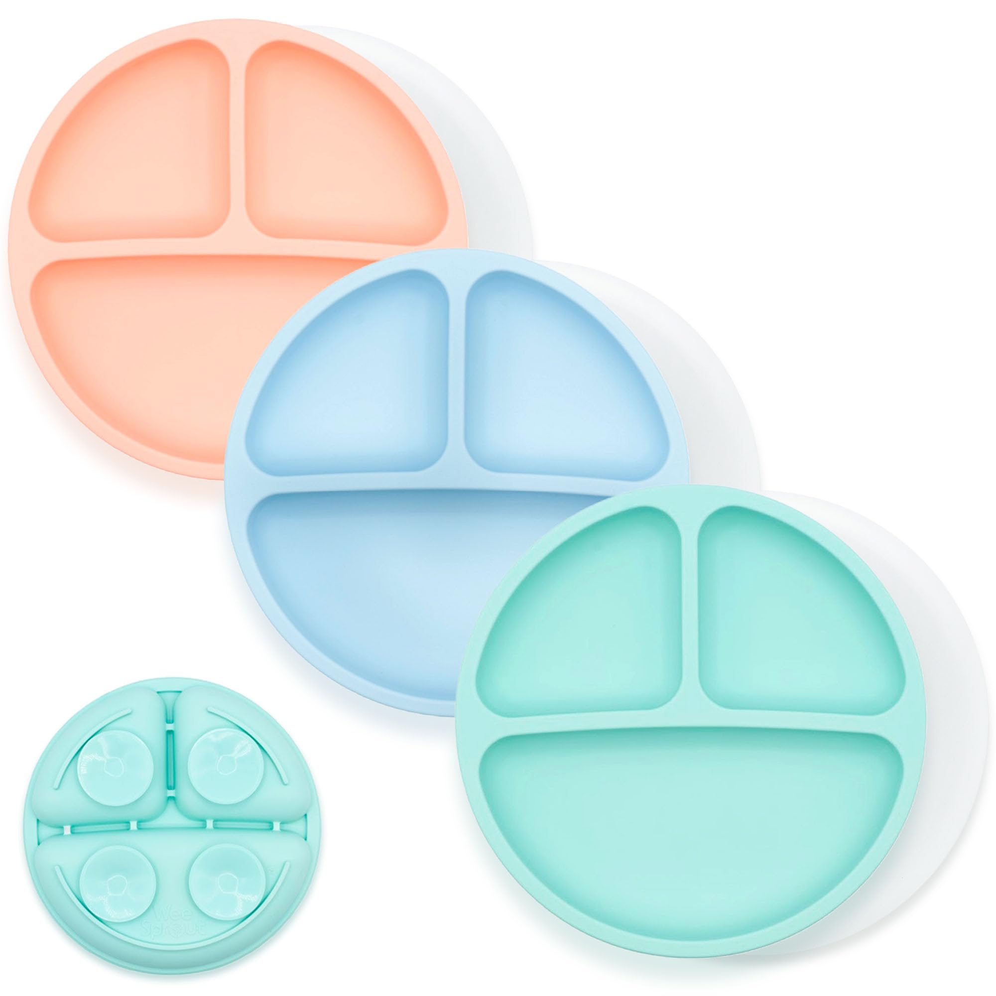 WeeSprout Suction Plates for Babies With Lids &amp; Toddlers - 100% Silicone, Dinnerware Stays Put, Divided Design for Picky Eaters, Microwave &amp; Dishwasher Friendly, 3 Pack