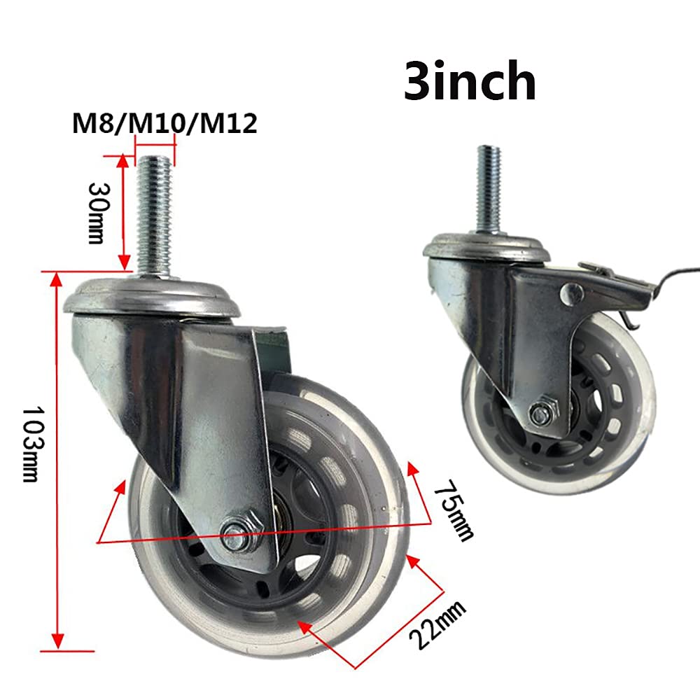 75mm Gomma Ruote girevoli con Freno per carichi Pesanti M8 M10 per 100kg Sacco Perfetto per Mobili & Carrelli Set da 4 (Girevole M12)