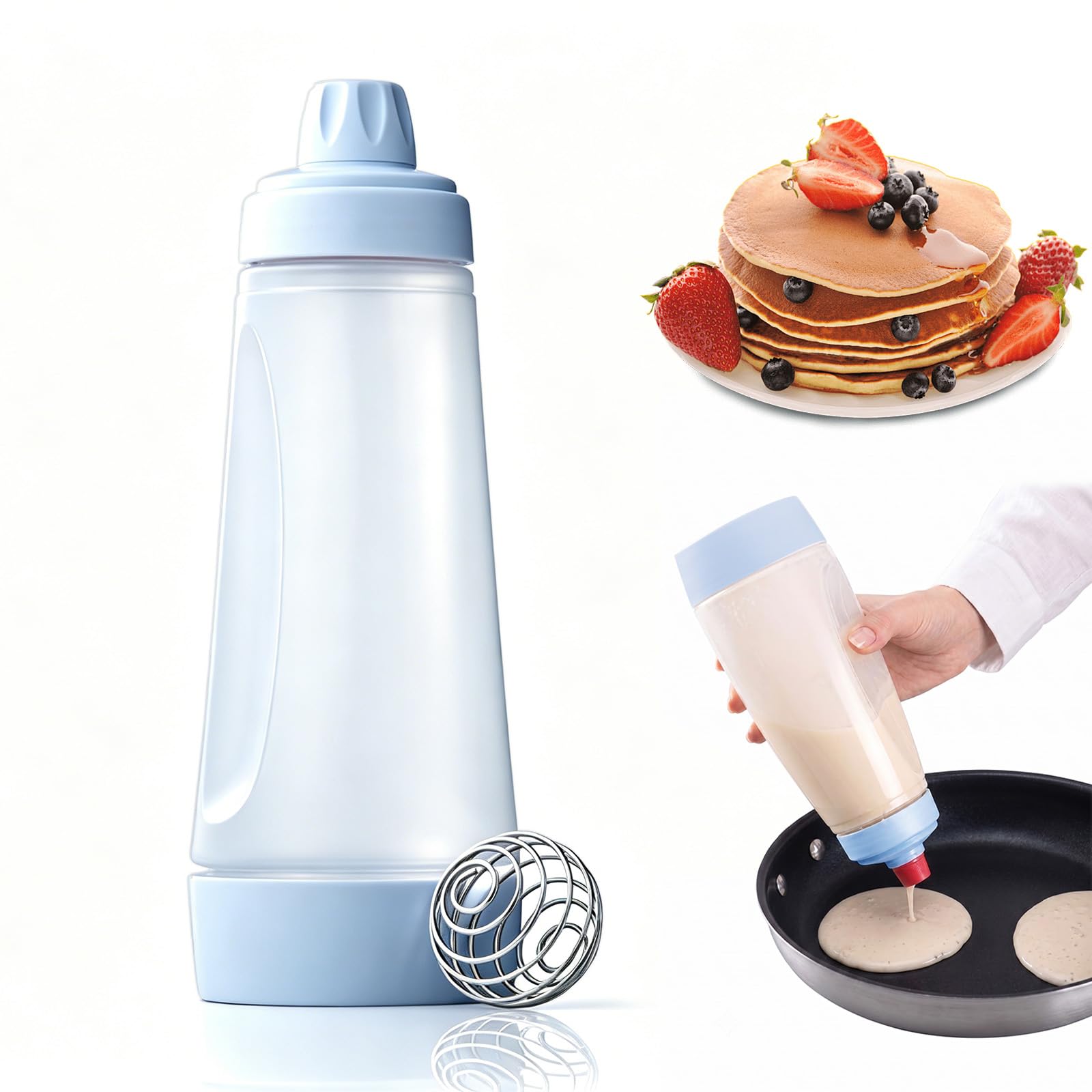 trabag Pancake Batter Dispenser 1000ML, Hand Batter Mixer Bottle with Stainless Steel Stirring Ball - Premium Squeeze Cake Dispenser for Cupcake, Waffle, Crepe, Muffin & Dough Baking Accessories