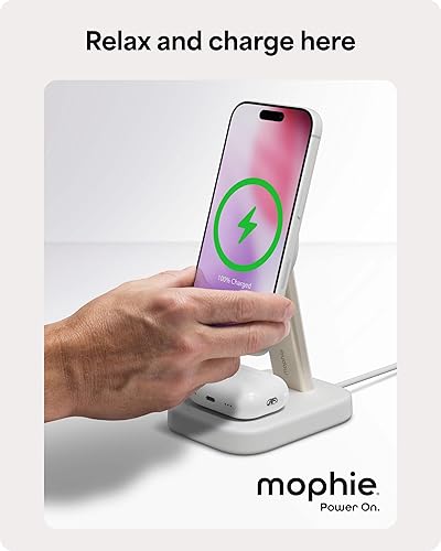 Miniatura 10 de Mophie Soporte de carga inalámbrico 2 en 1, certificado Qi2, cargador MagSafe para iPhone y AirPods, estación de carga rápida con soporte ajustable
