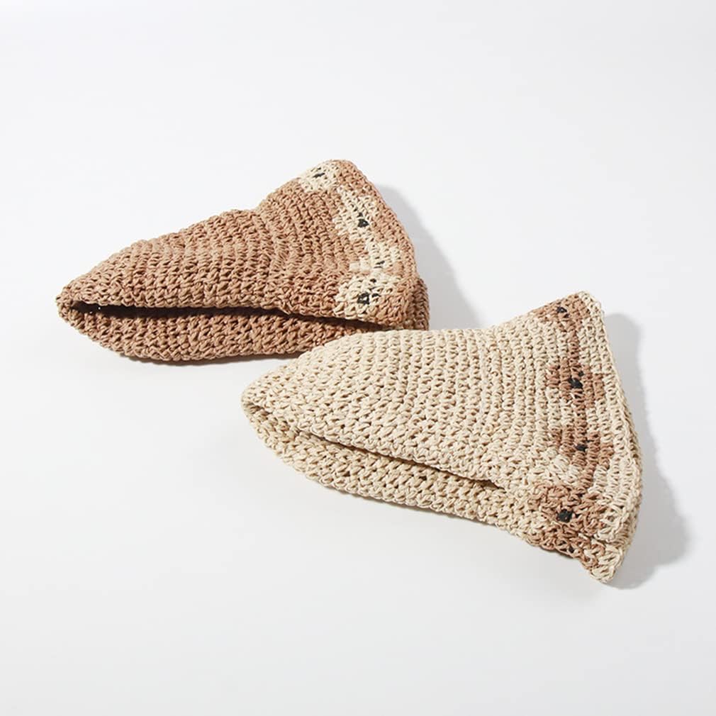 Women Brown Beige 2PCS Summer Soft Straw Hat Small Flower Woven Basin Hats Vacation Beach Hat Foldable Sunshade Hat Cap