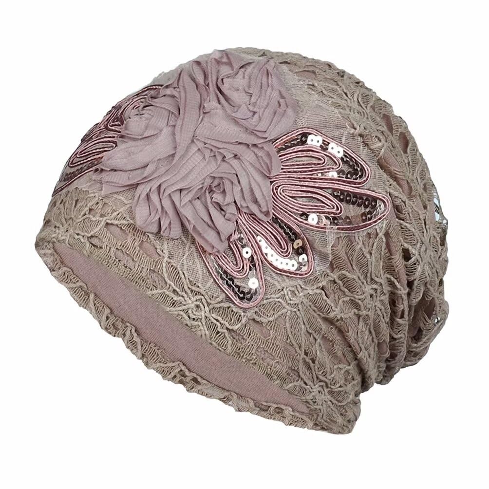 Plancholo Women's Beige Chemo Turban Flower Beanie Cap Lace Pleated Hair Loss Hat Cancer Headwear For
