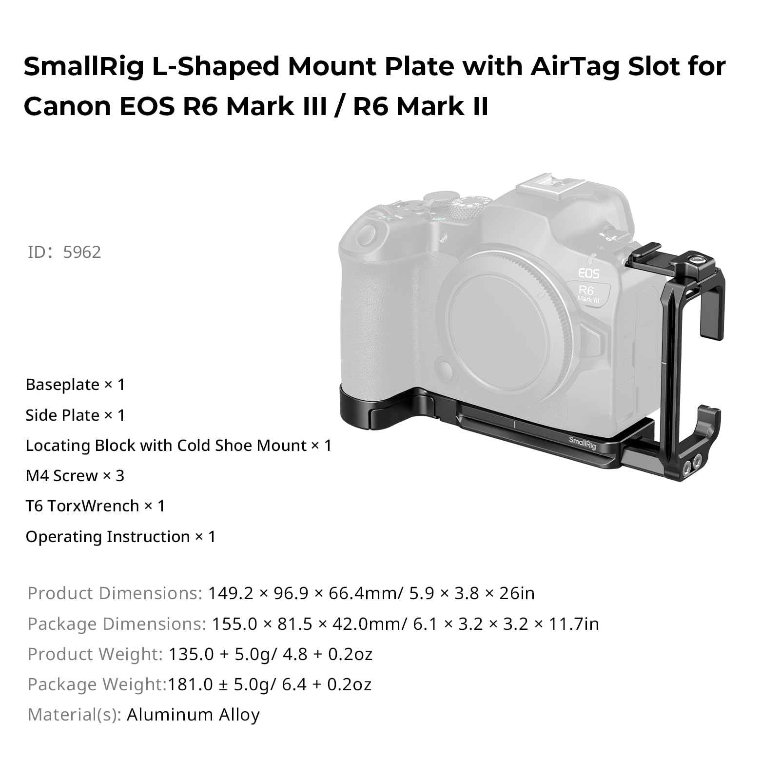 SMALLRIG Piastra di montaggio a L con slot AirTag per Canon EOS R6 Mark III / R6 Mark II 5962