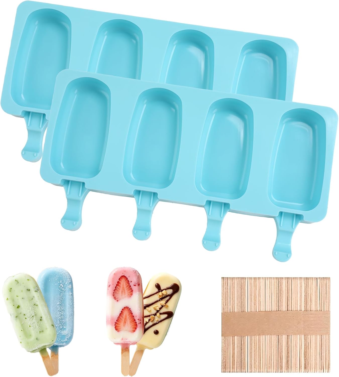 Popsicles Molds, 2Pcs Homemade Cake Pop Molds with Wooden Popsicles Sticks, Reusable Silicone Ice Pop Cream Cakesicle Maker Mold 4 Cavities for Home DIY Craft, Blue