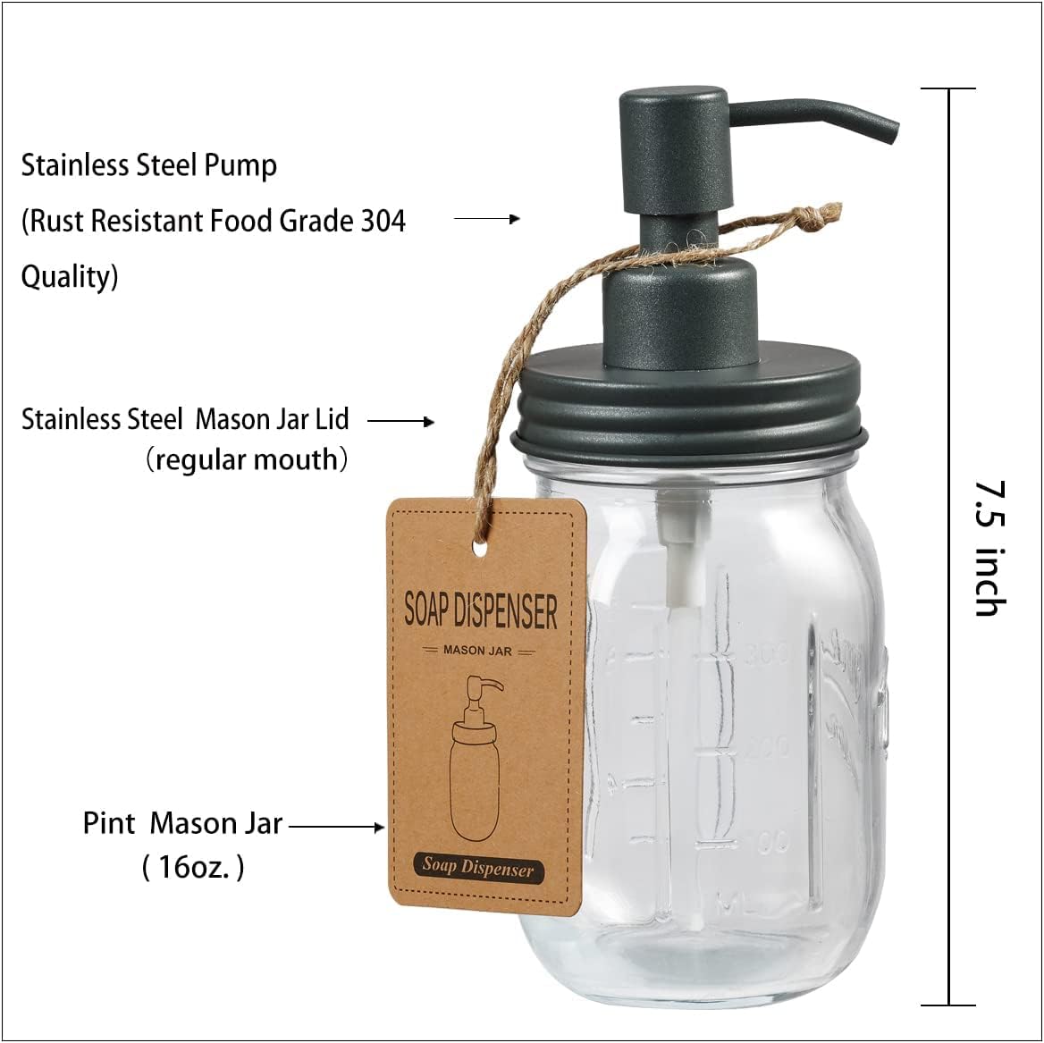 4 Pack Mason Jar Soap Dispensers -Rustproof Stainless Steel Lid &Pump, Refillable Hand Soap for Bathroom,Farmhouse Vintage-Ideal for Dish Soap,Liquid Soap,Lotions Waterproof Stickers (Gray)