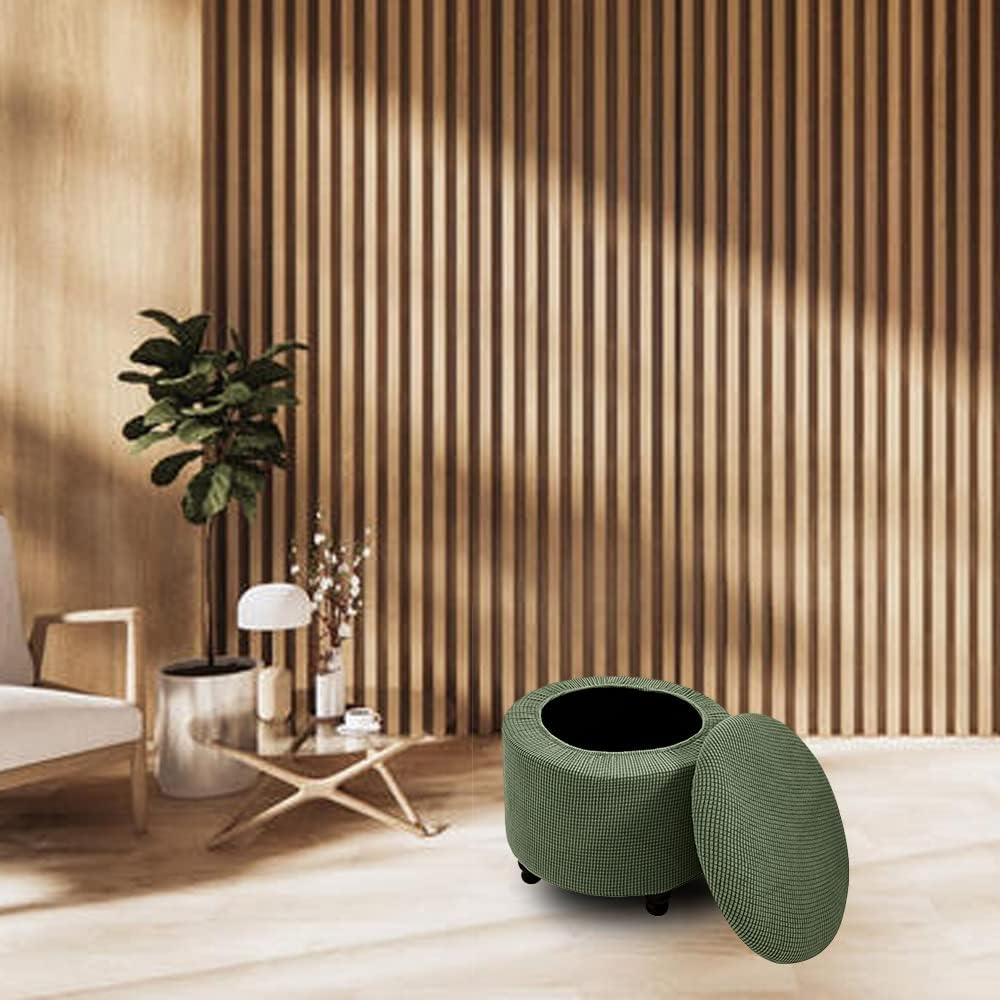 Round Ottoman Cover with Storage 2-Piece Stretch Stool Slipcover Soft Footstool Protector Covers Washable Storage Stool with Cover Lid Folding Stool Covers for Living Room (Army Green)